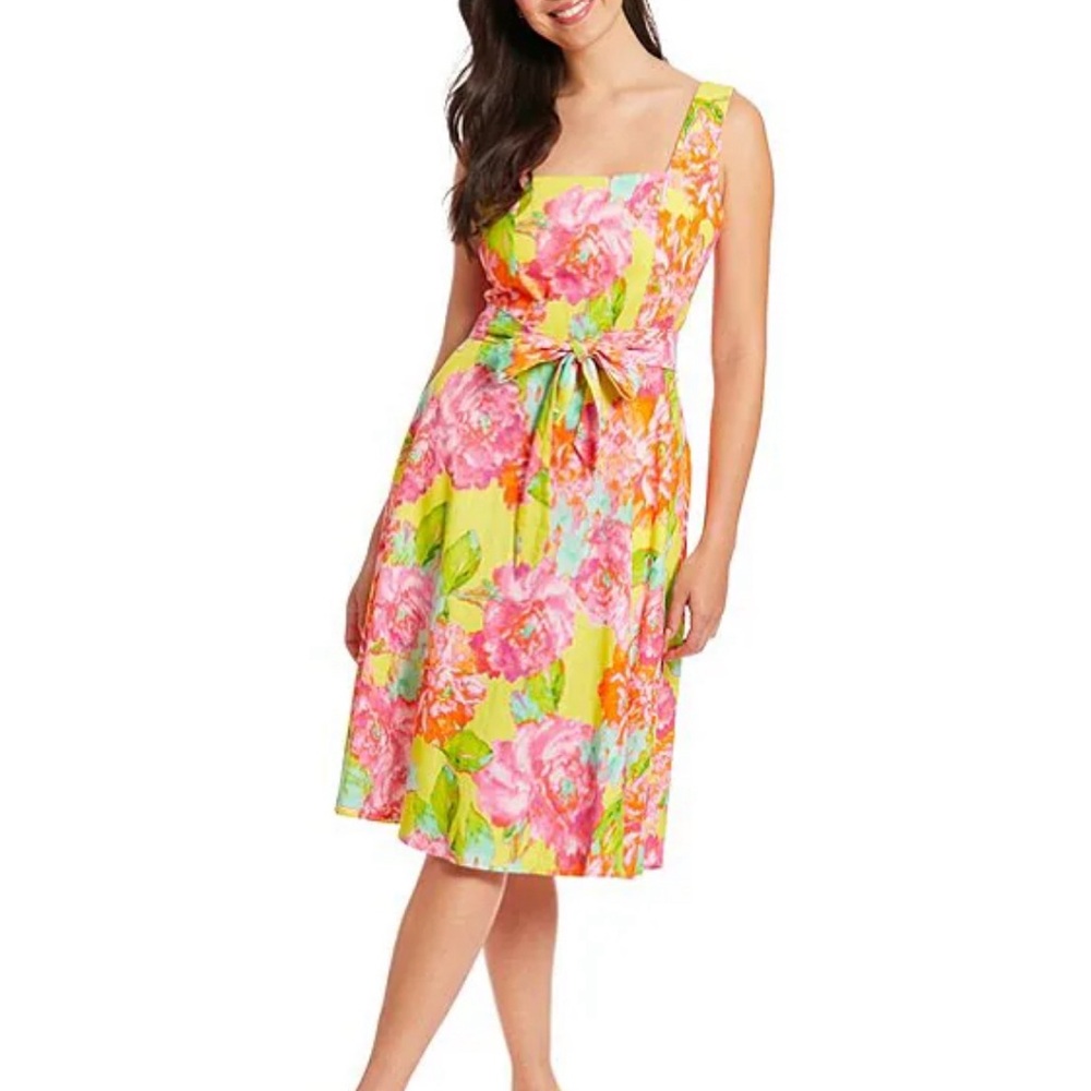 Sleeveless Square Neck Tie Waist Floral Print Fit and Flare Dress NWOT 12